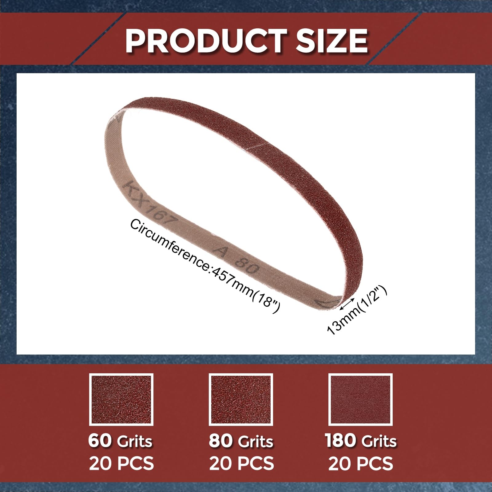 Kozelo 60 Pcs Sanding Belts 13mm x 457mm 60/80/180 Grit Aluminum Oxide Abrasive Sandpaper for Belt Sander Metal Grinding Wood Working Weld Rust Removal - Image 2