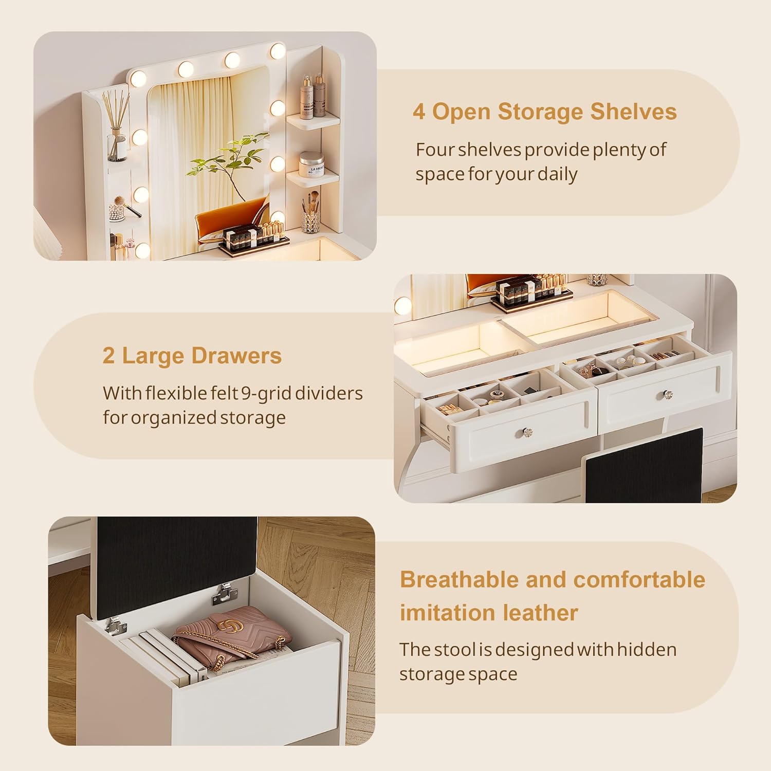 Vanity Desk with Mirror and Lights | 31.5" Modern Glass Top Makeup Vanity Set with 2 Drawers & Hidden Storage Stool | Small Space Dressing Table for Bedroom(White)