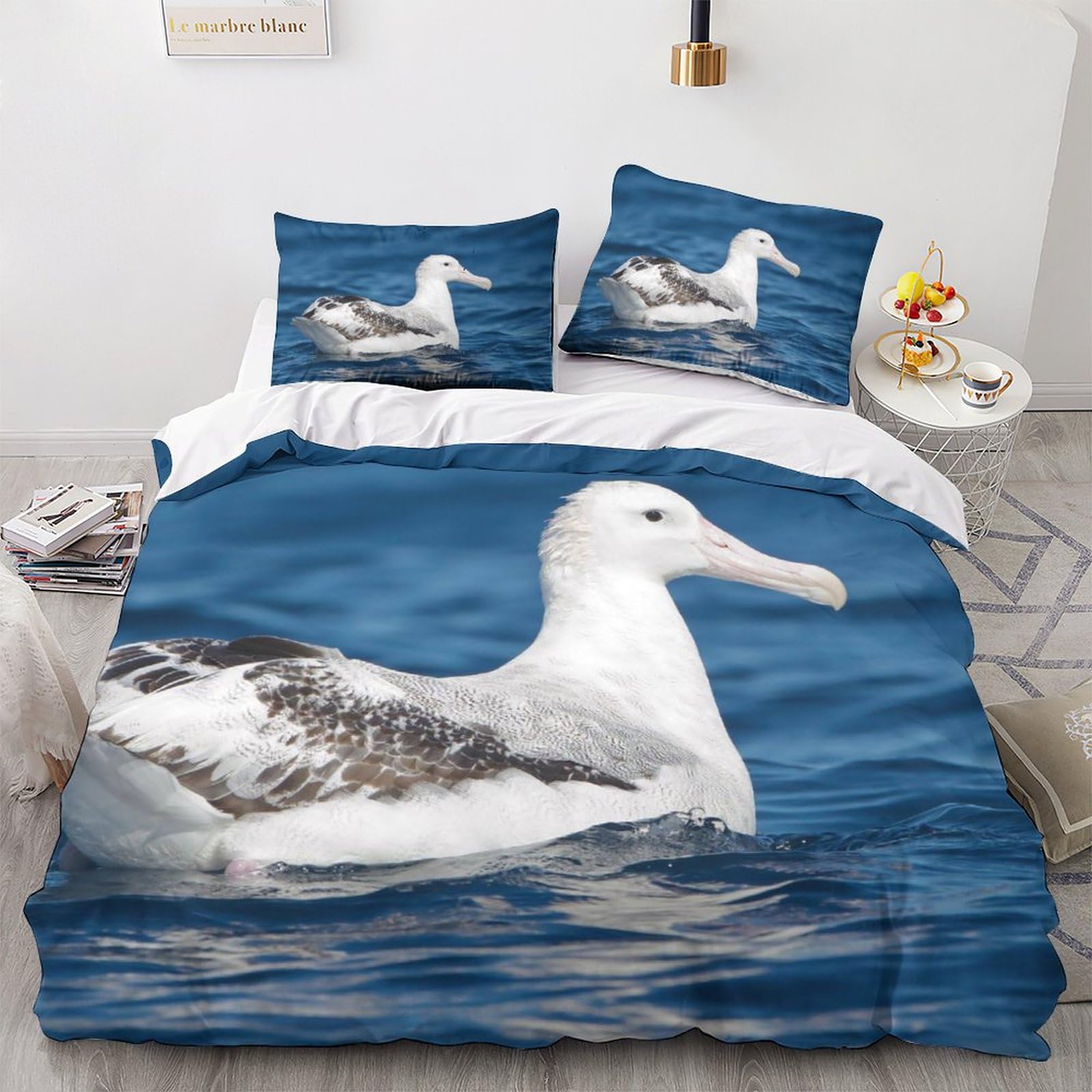 Housse de couette 3D 200x200cm microfibre avec 2 taies d'oreiller lit double Phoebastria Albatrus