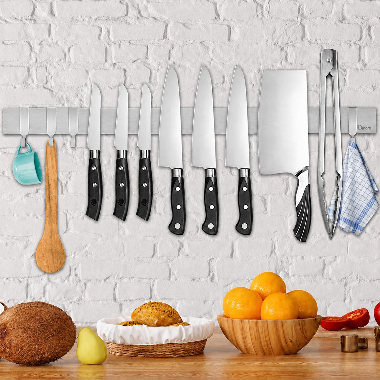 Dmore magnetic knife holder for wall—with 4 hooks, No Drilling 23 Inch silver knife magnetic strip, Powerful knife magnet rack, include Adhesive Tape and screws for Knives, Utensils, and Tools