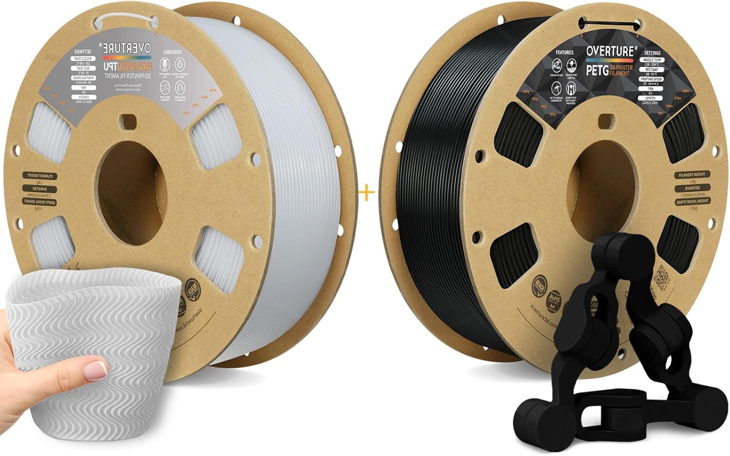 OVERTURE 3D Printer Filament 2kg, High Speed TPU Filament and PLA Filament Fit Most FDM 3D Printers, 1kg per Spool, Pack of 2,High Speed TPU White+PETG Black