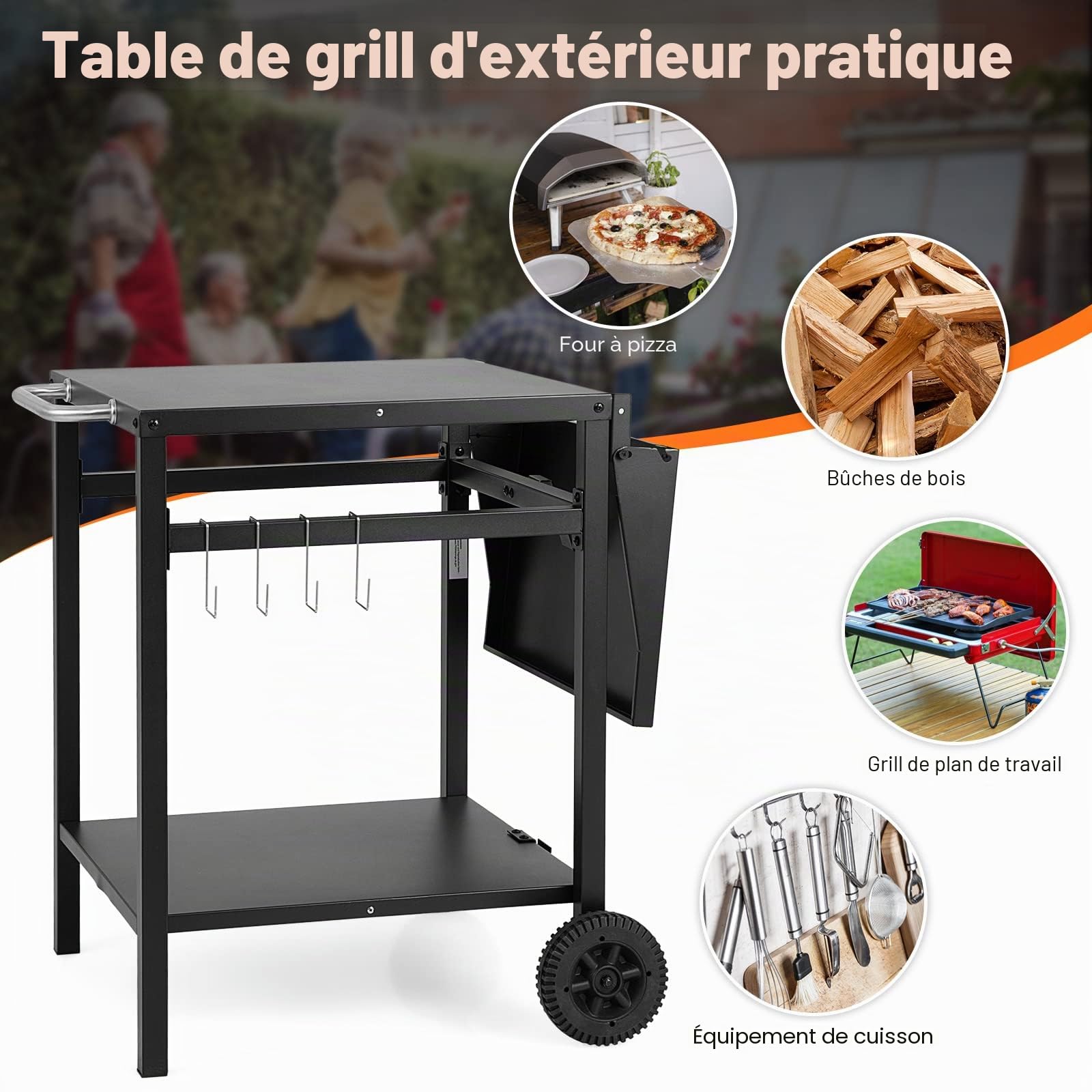 GIANTEX Table de Barbecue avec Plan de Travail Pliable, Table de Camping à roulettes, Chariot de Service Cuisine en Métal avec 2 Étagères & 4 Crochets, Chariot Polyvalent pour Jardin, Cuisine (Noir)