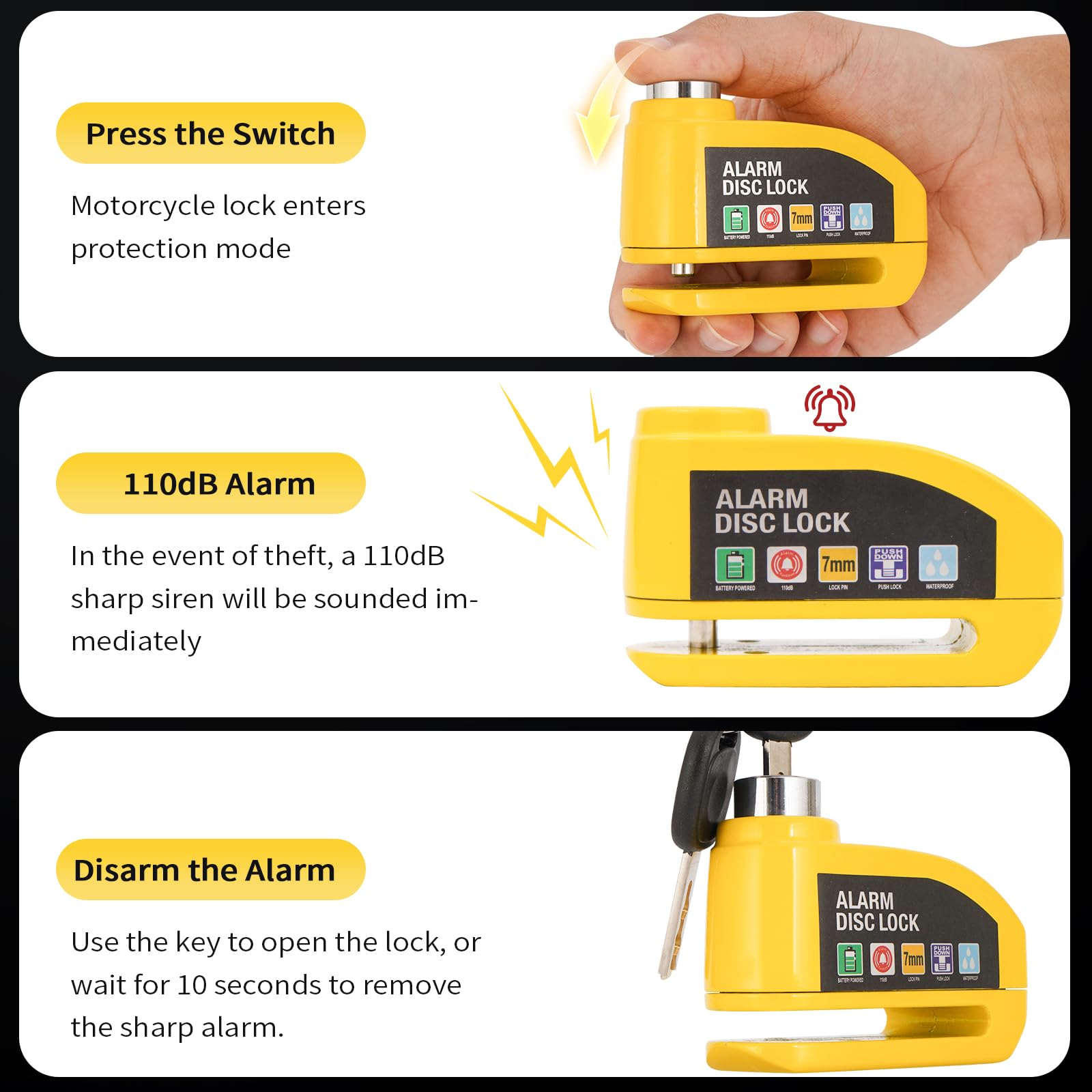 Vemfay Candado Moto Disco con Alarma 110 DB, Candado de Freno de Disco con Cable de Recuperación de 1,2 m, Candado de Alta Seguridad para Moto, Ciclomotor, Bicicleta, Scooter