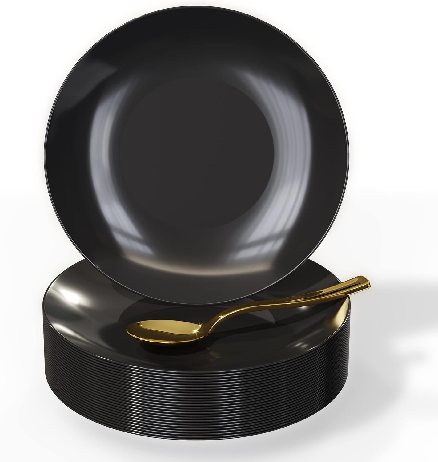 Trendables 120CT Disposable Dessert Plates with Gold Spoons (Serves 60 People) - Black Small Plastic Plates