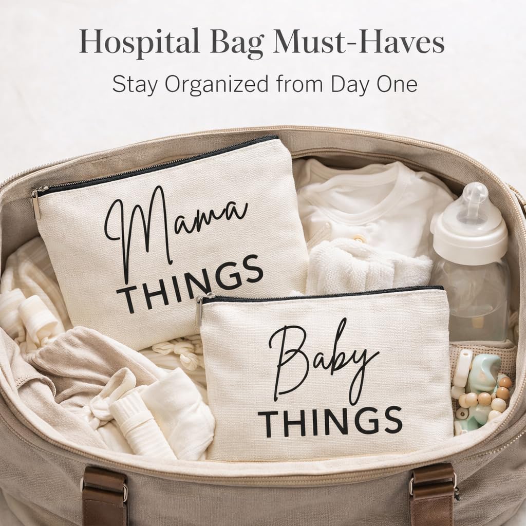 Mom & Baby Pouch Set, Diaper Bag Organizer Insert, Canvas Travel & Hospital Bag Essentials, Mommy Bag Organizer, Makeup & Toiletry Bags for New Moms, Gift for Baby Shower (Set of 2)