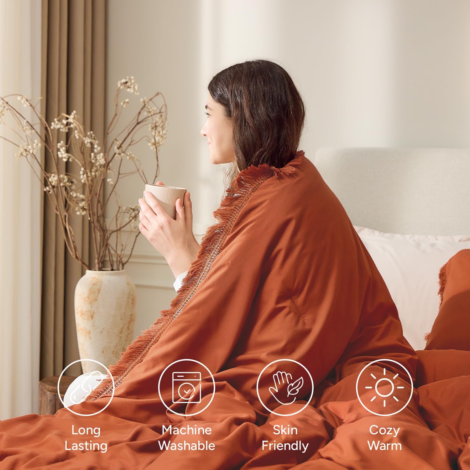 Andency King Size Comforter Set Burnt Orange, 3 Pieces Boho Terracotta Soft Lightweight Bedding Comforter Sets, Rust Tassel All Season Bed Set (104x90In Comforter & 2 Pillowcases)