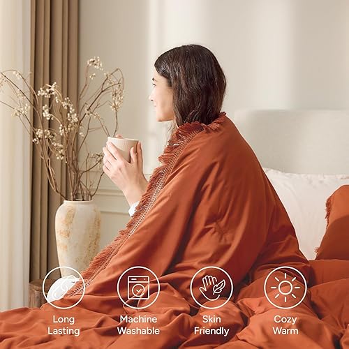 Miniatura 4 de Andency Juego de edredón tamaño individual, color naranja quemado, juego de edredón de 2 piezas con borlas bohemias terracota para niños, niñas