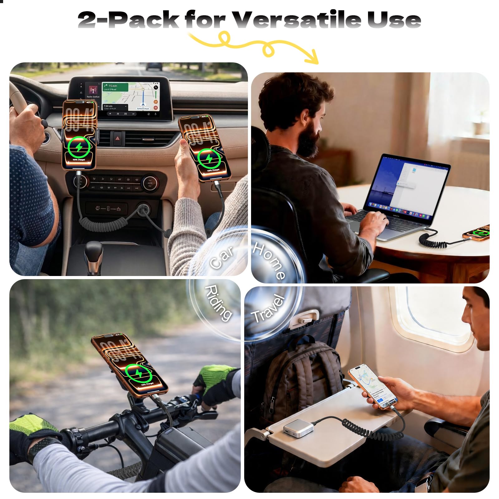 Cable USB A a USB C, paquete de 2 unidades de 4 pies, cable de resorte retráctil en espiral, carga rápida para Apple CarPlay, compatible con iPhone 17, 16, 15, Samsung Galaxy, Google Pixel LG