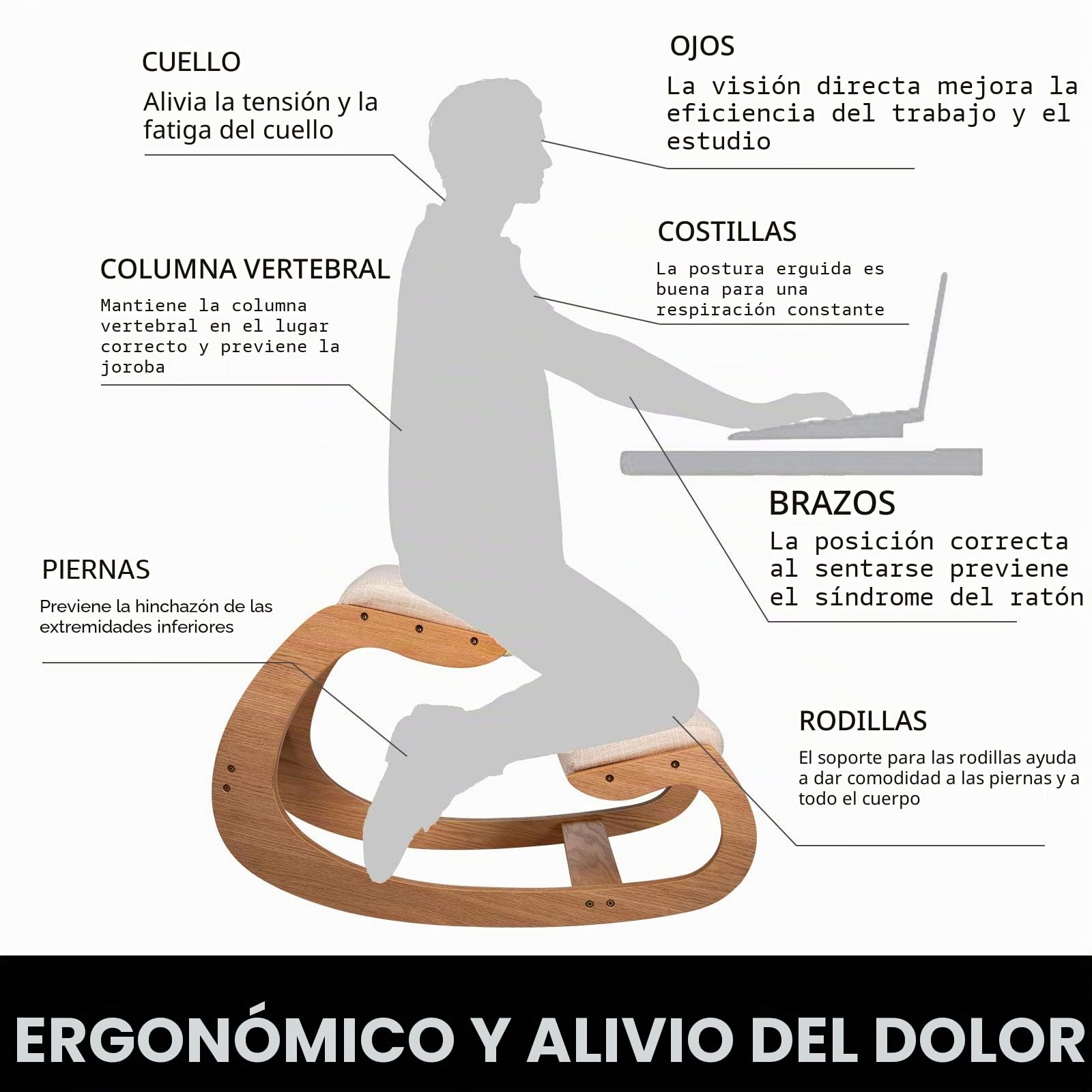 VEVOR Silla ergonómica de Rodillas Taburete de Madera Oficina, recepción, casa, Silla ergonómica de Rodillas, Asiento de Rodilla, Silla de Apoyo para Postura, Plegable, Modelado Alivio del estrés