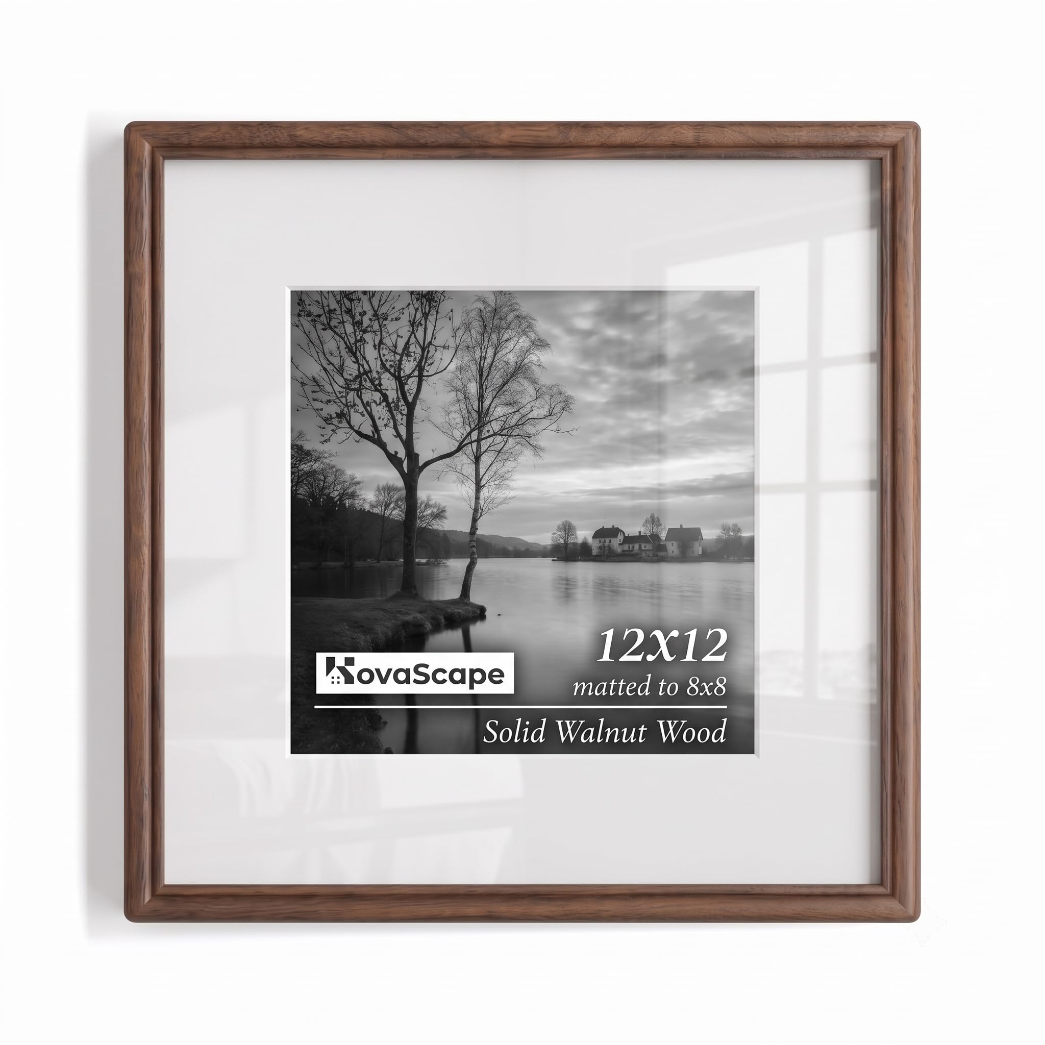 KovaScape Square Picture Frame, Solid Walnut Wood Frame, Double Arc Round Corner Hand Craft c, 12x12 Matted to 8x8, 12 by 12 Frame with HD Real Glass,Wall Display,Pack of 1
