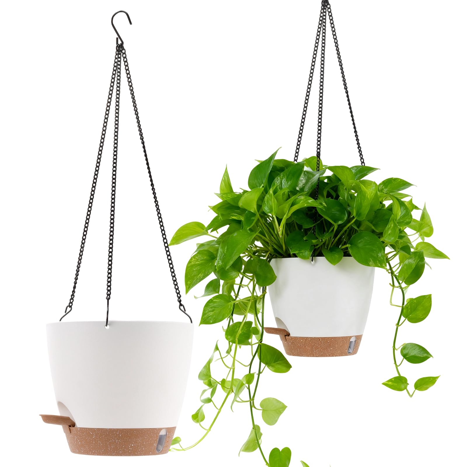 SINJEUN Lot de 2 Pots de Fleurs Suspendus avec Réservoir d'eau - 20,3 x 17,8 cm - Blanc Doré - pour Intérieur et Extérieur - Balcon Terrasse Jardin
