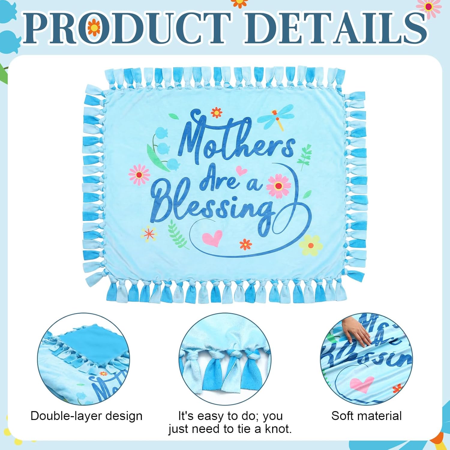 Mindsoft 2 Pcs/1 Set Mother's Day DIY Tie Blankets Fleece No Sew Blanket 50" x 60" No Sew Fleece Fabric DIY Throw Making Mothers are a Blessing Throw Blanket Mom Appreciation Gifts for Bed Couch