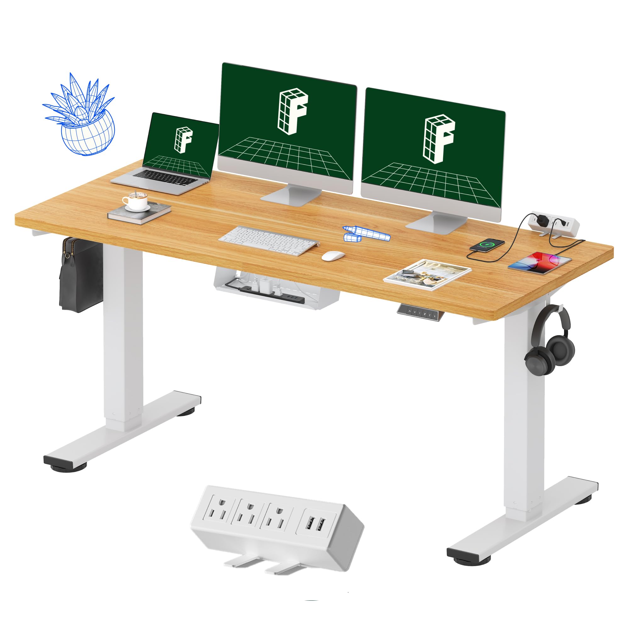 FLEXISPOT EN2 Whole-Piece Standing Desk with Clamp Power Strip, 60 x 24 Electric Stand Up Height Adjustable Desk with Cable Management (White Frame + 60" Maple Top, 2 Packages)