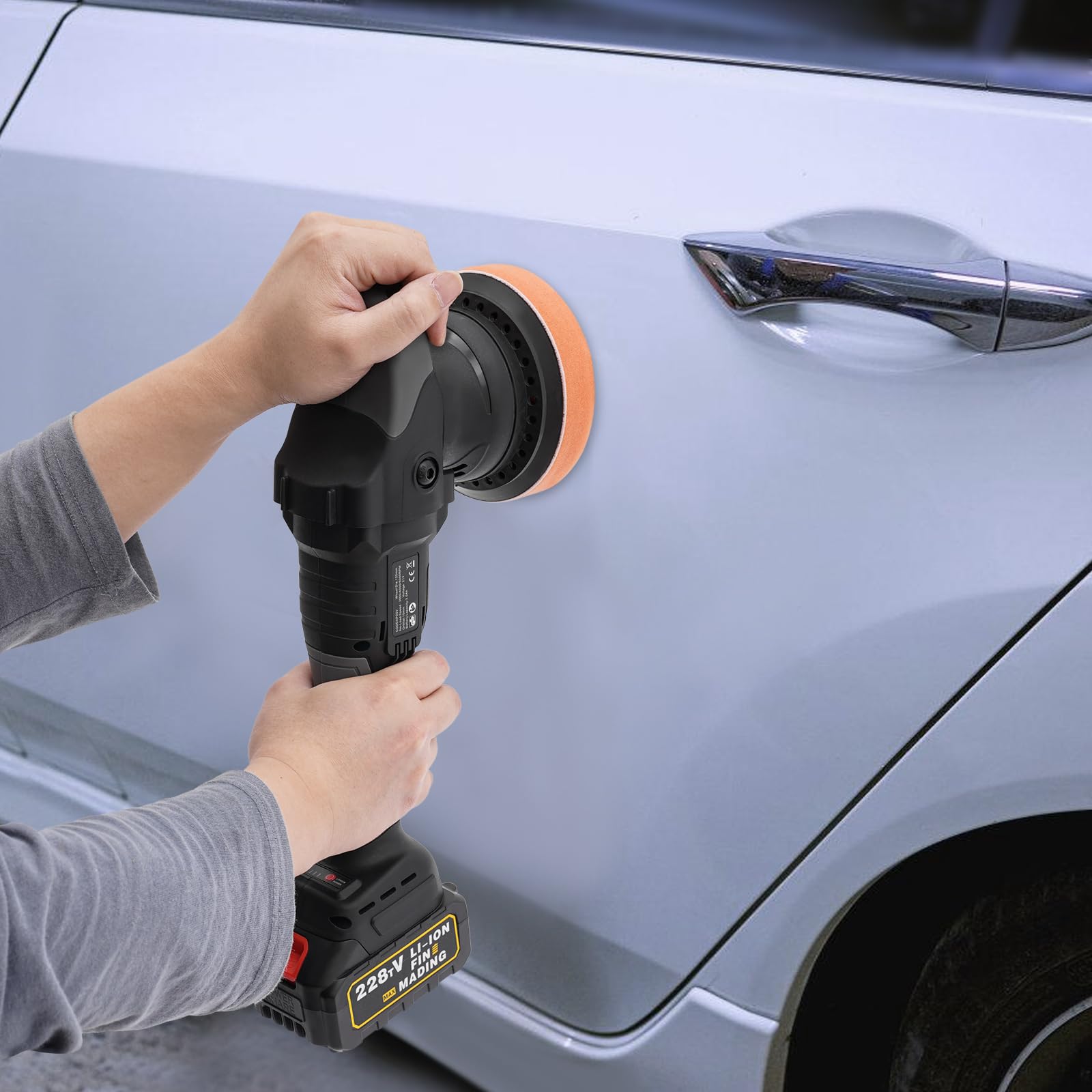 Pulidora de coche, pulidora con batería, pulidora de coche, pulidora con batería recargable de 2 x 3 Ah, pulidora excéntrica para coche, 3 velocidades variables