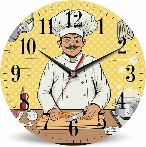 Mxocom Reloj de pared para cocineros de cómic, estilo artístico, 10 pulgadas, silencioso, sin tictac, funciona con pilas, reloj redondo vintage para