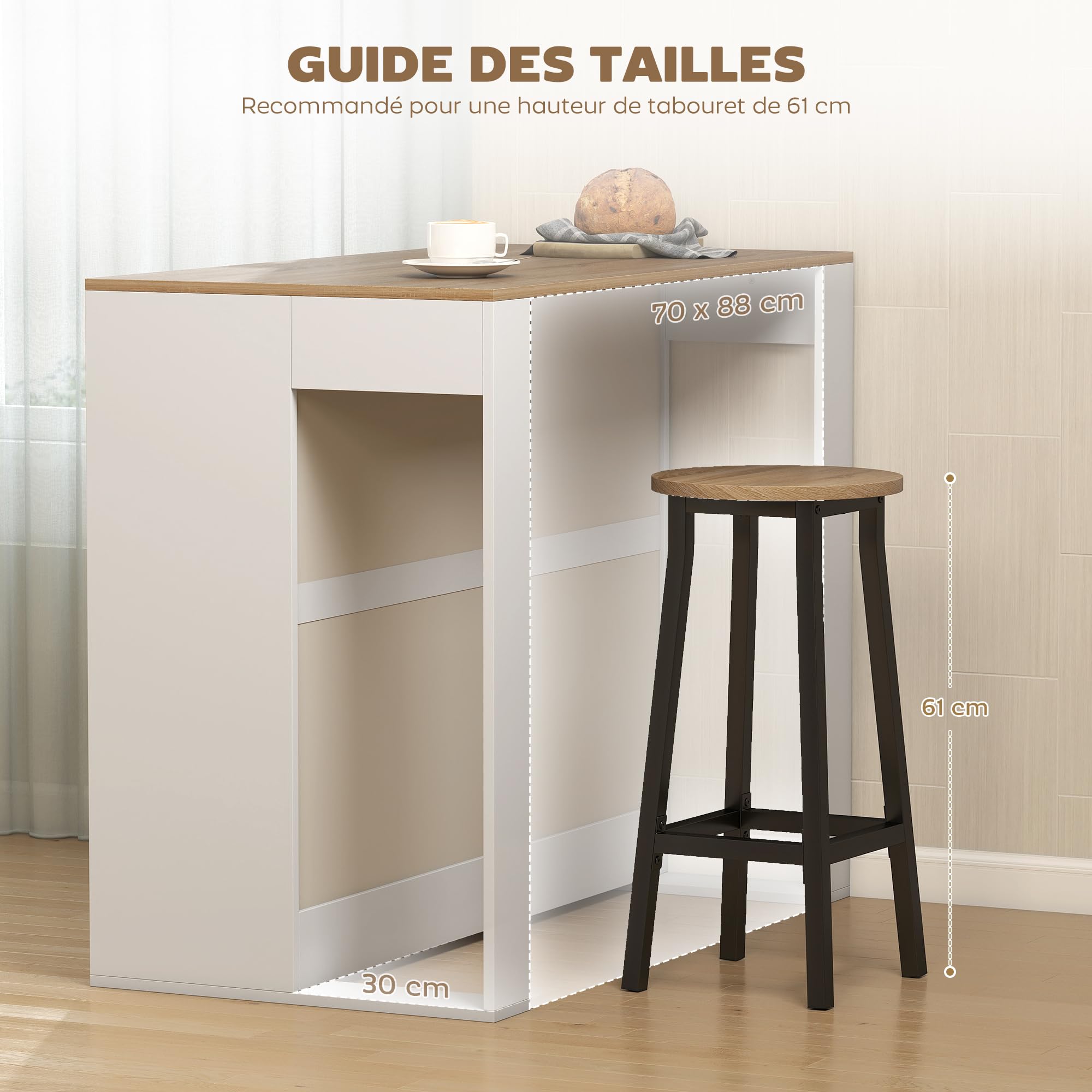 HOMCOM Table de Bar Table Haute Cuisine à 3 Niveaux 113 x 60 x 90 cm Blanc