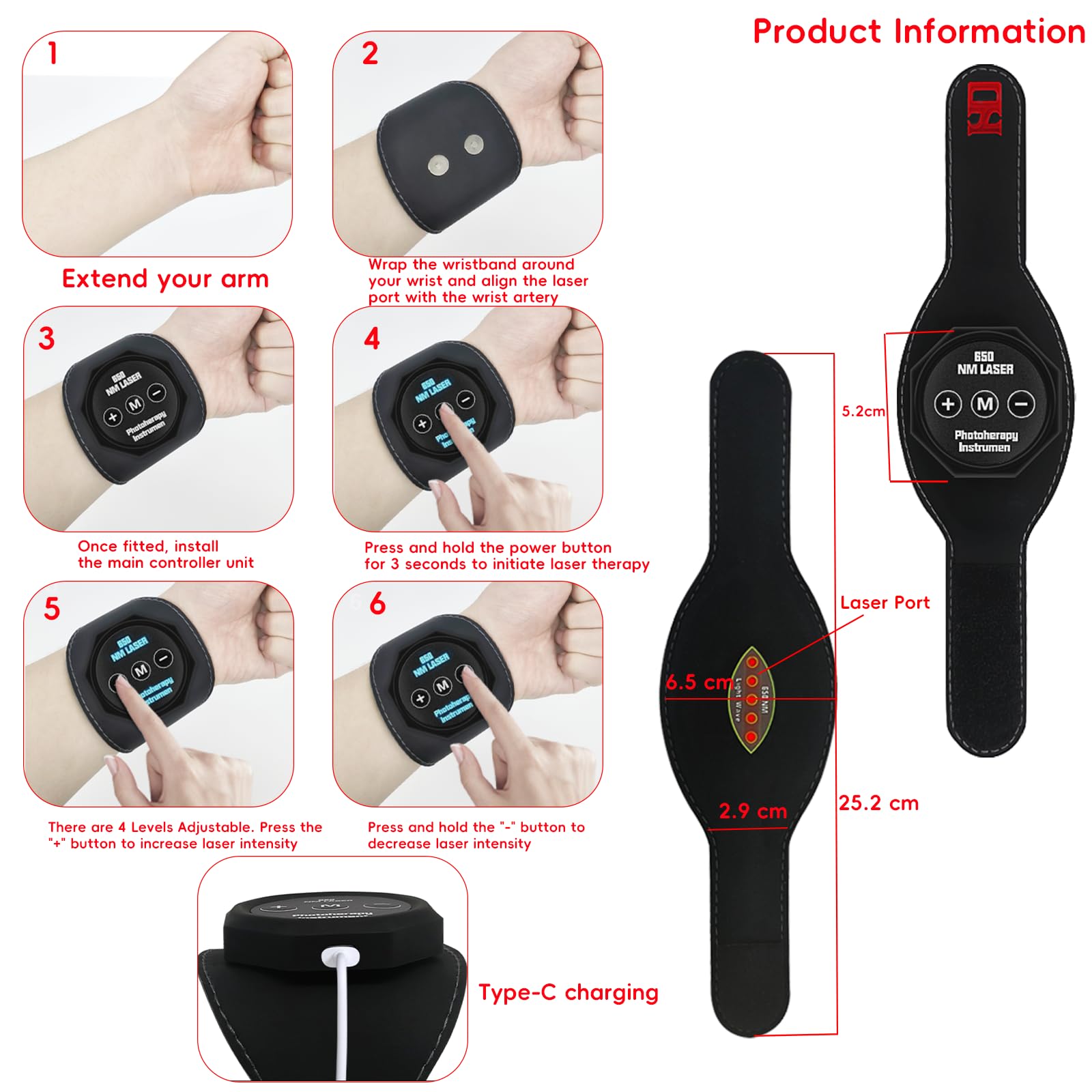 Terapia de luz roja para muñeca de mano, pulsera de luz visible de 650 nm con ajuste de 4 niveles, diseño portátil para padres mayores para aliviar la tensión muscular y el cuidado de las manos, uso