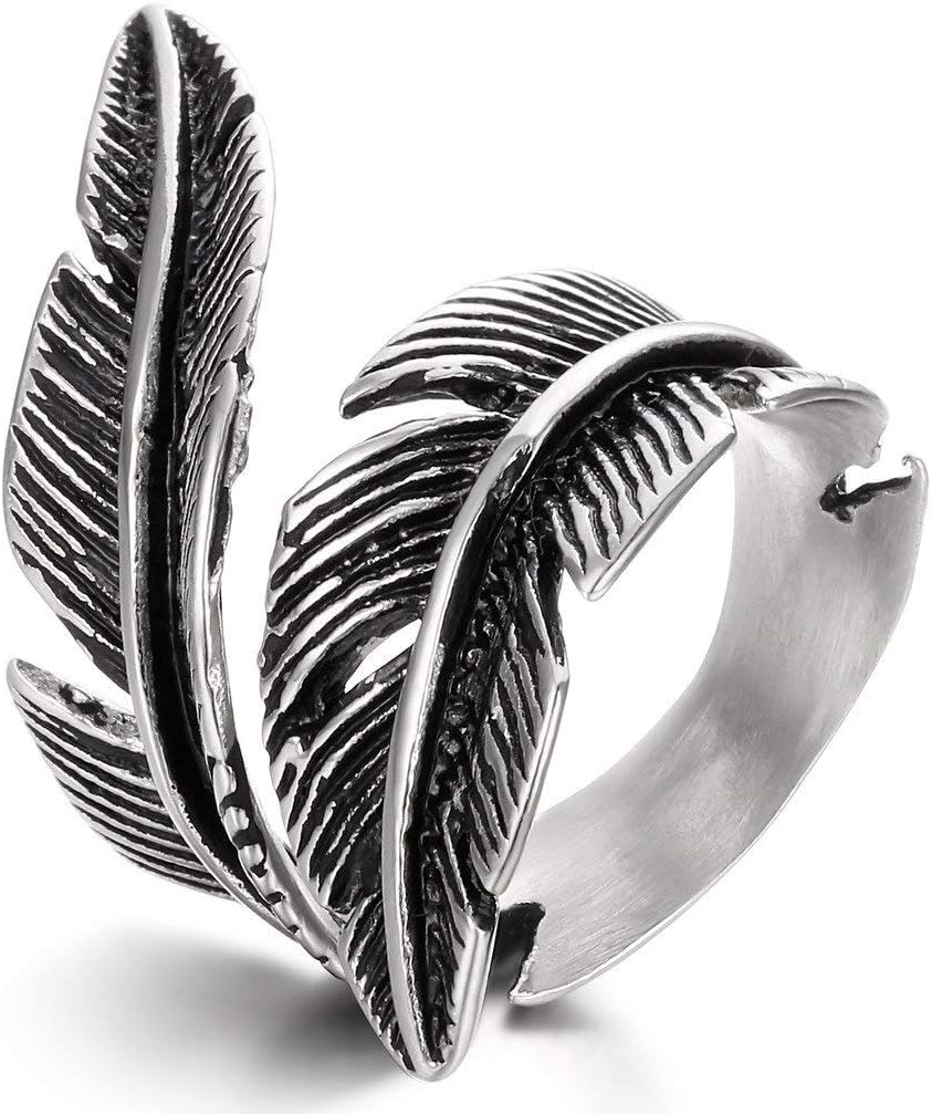 FIBO STEEL Stainless Steel Rings for Men Women Biker Ring Vintage Feather, Size 7-13