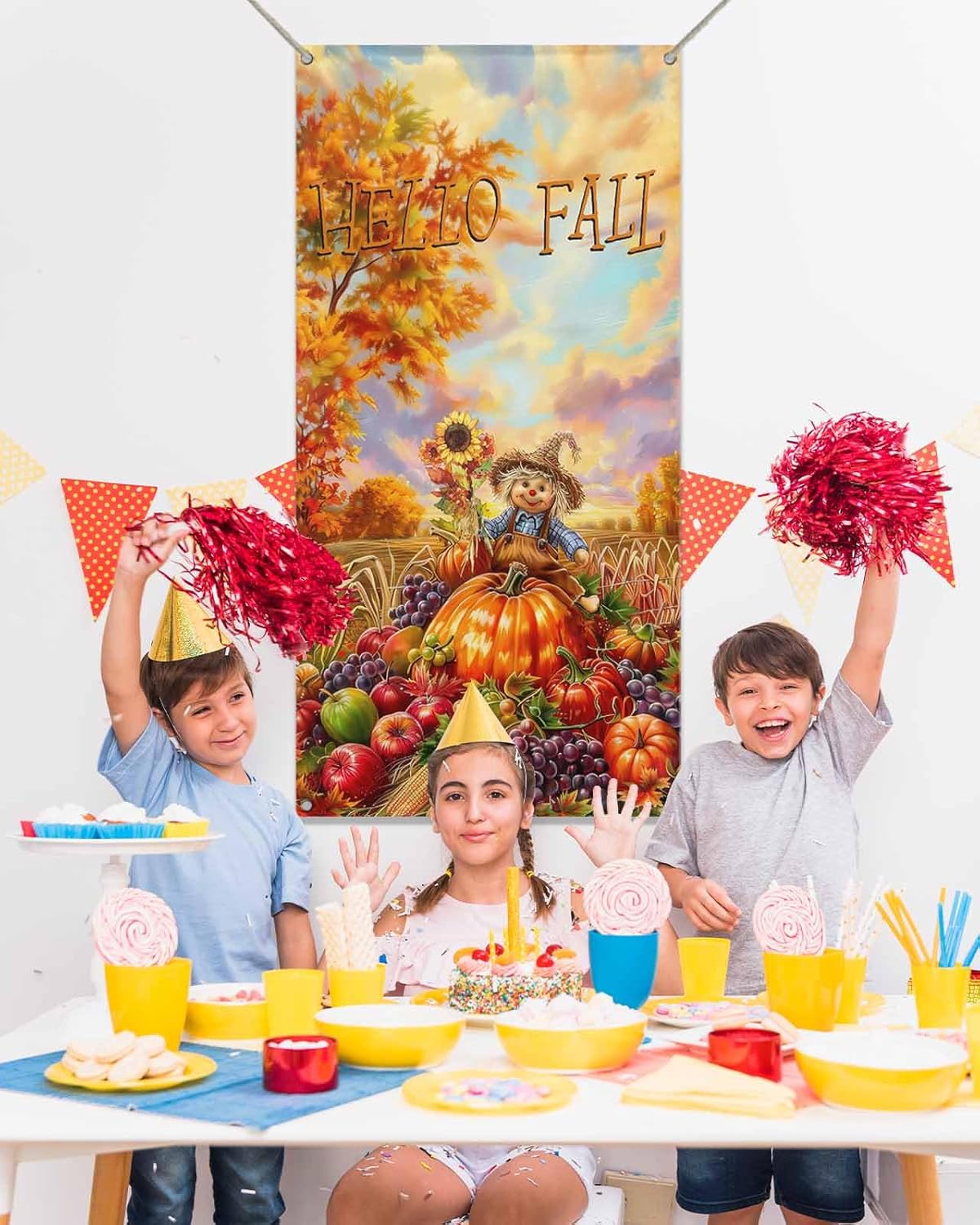 Fall Scarecrows Door Cover Decorations, Welcome Front Door Backdrop, Autumn Thanksgiving Farm Pumpkins Fruit Hanging Banner Sign for Holiday Party Supplies Indoor Outdoor Door Decor 35.4x71 Inch
