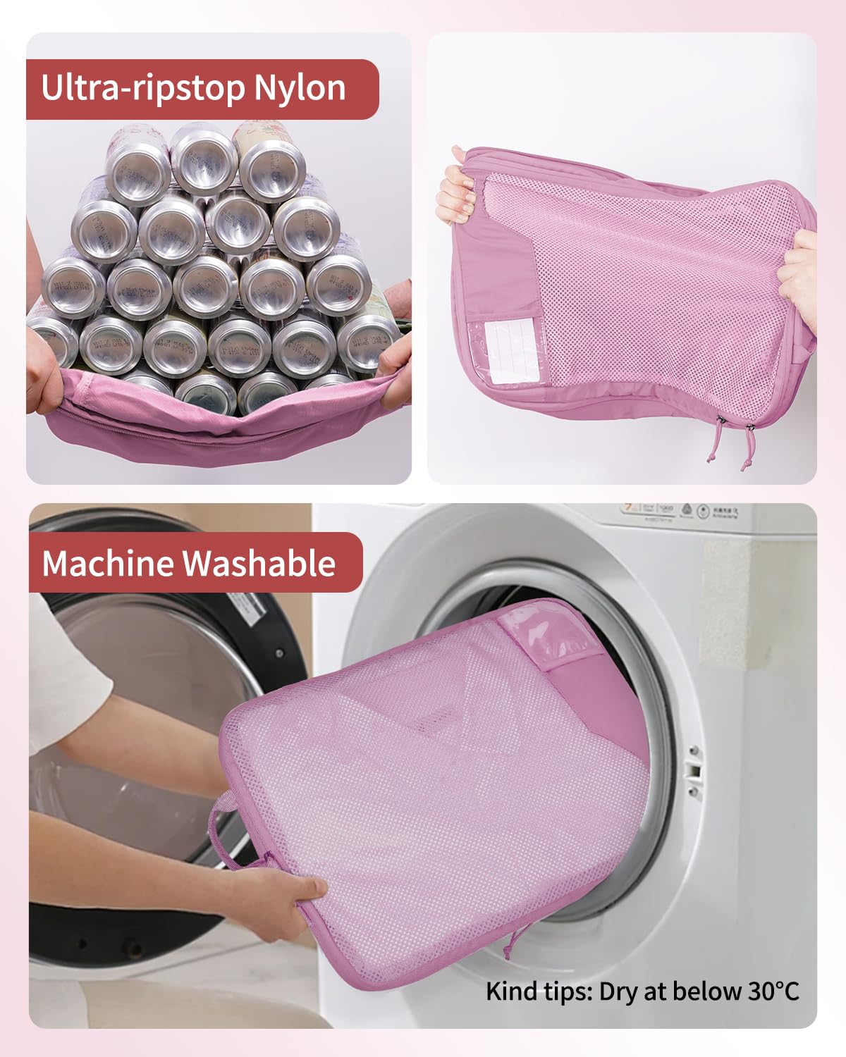 ECOHUB Kompresyjne Kostki do Pakowania 4 szt., Organizer do Walizki z ID Tag, Ekologiczne Packing Cubes, Wytrzymałe Torby Podróżne z Siatką, System Oszczędzający Miejsce(Różowy)
