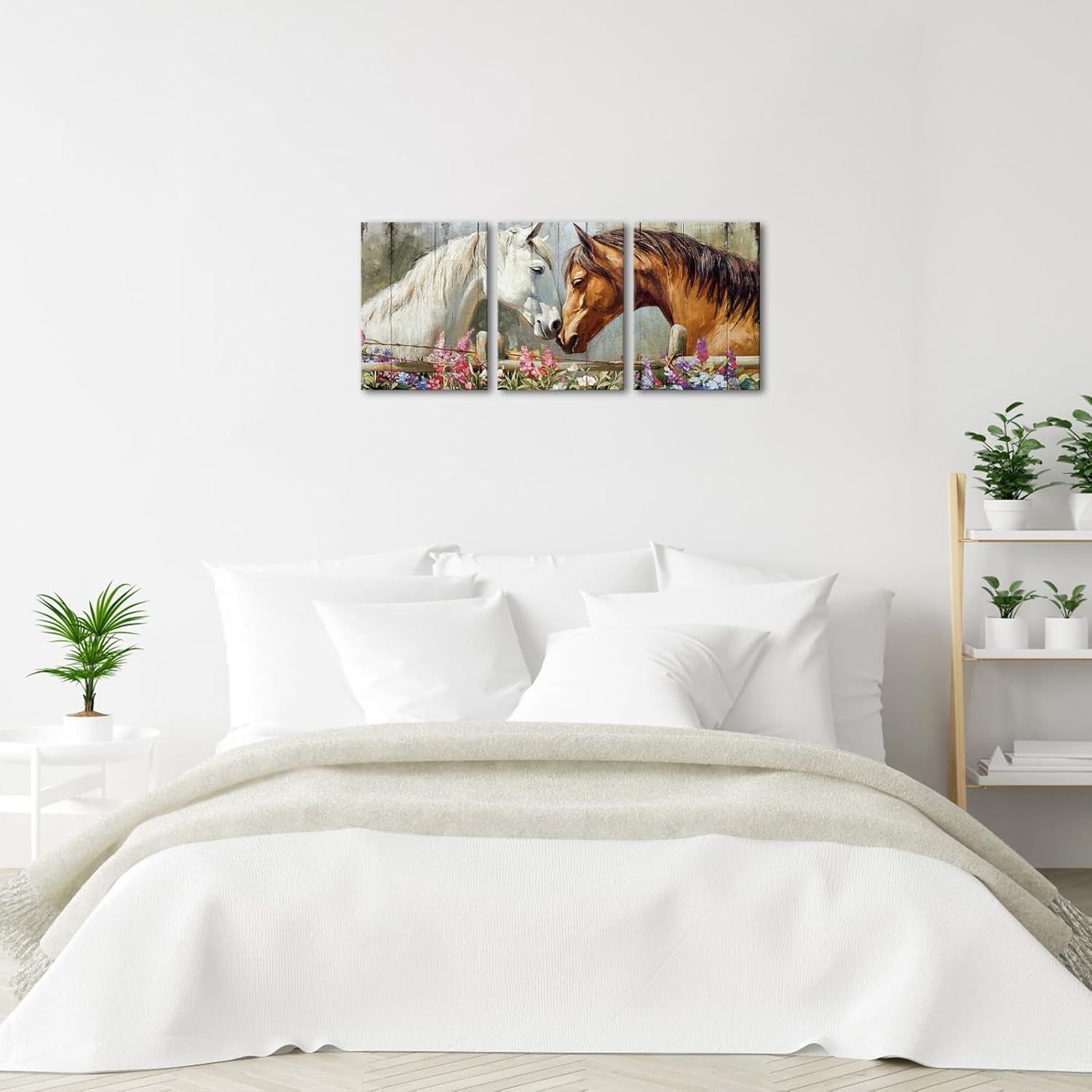 SkenoArt White and Bay Horse Canvas Wall Art Horse with Wild Flowers Pictures Painting Print Artwork Farmhouse Animal Wall Art for Living Room Bathroom Office Wall Decoration Ready to Hang