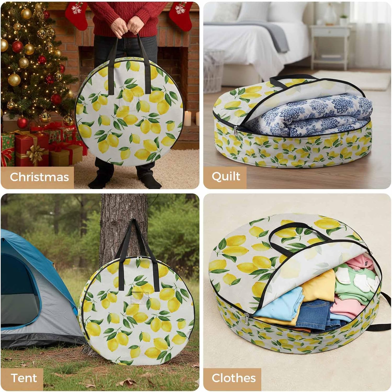 Storage Bag Yellow Lemon Round Storage Totes Bins Closet Organizers with Zippers & Handle Summer Fruit Linen Clothes Storage Container for Bedroom Dorm Space Saving Packing Supplies Moving Bags