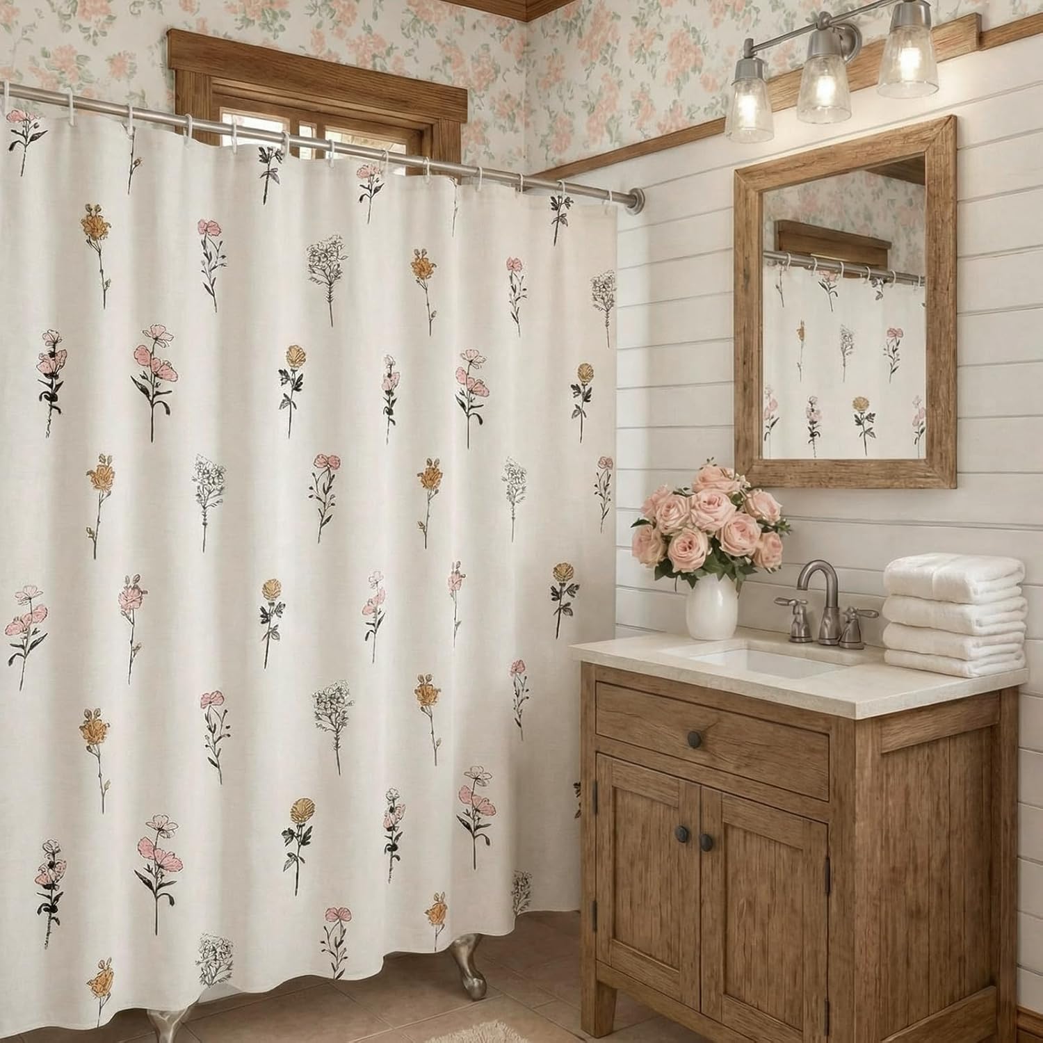 Tegeme Floral Linen Shower Curtain Vintage Cotton Linen Cottagecore Shower Curtain with Hooks Bathroom Decor for Cute Preppy Aesthetic Boho French Country Spring Housewarming Gift 72 x 72 Inch