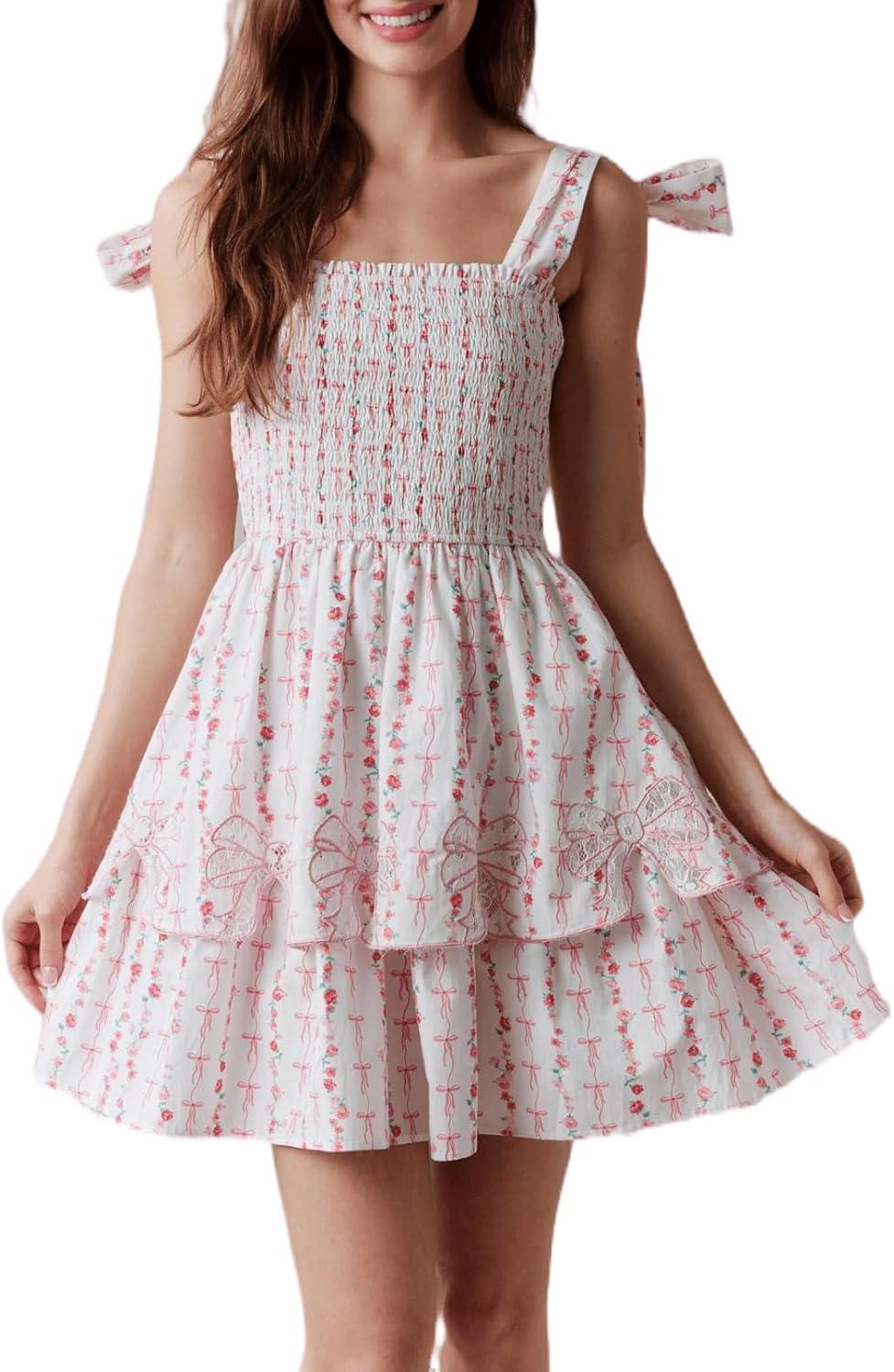 Women Tie Shoulder Mini Dress Floral Ruffle Babydoll Dress Boho Square Neck Sundress Cute Summer Dresses