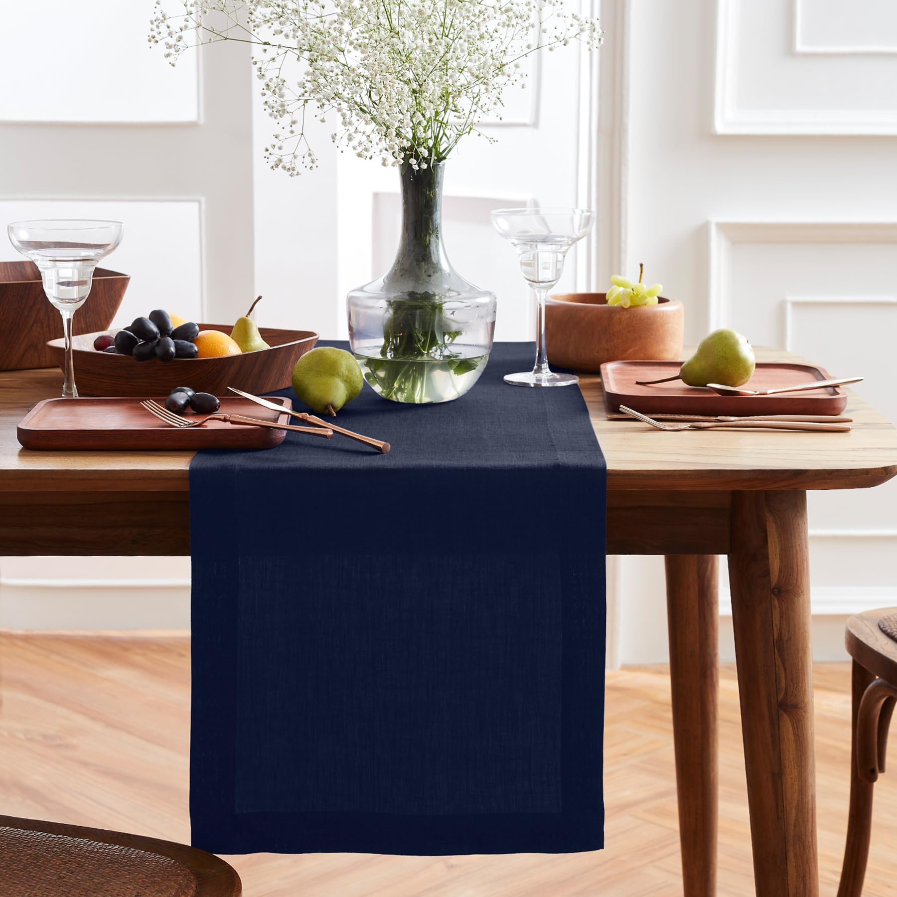 Solino HomeLinen Indigo Navy Table Runner 108 Inches Long - 100% Pure Linen Prewashed Sonoma Dining Table Runner 14 x 108 Inch Ideal for Wedding, Parties, Spring, Mothers Day, Easter Decorations