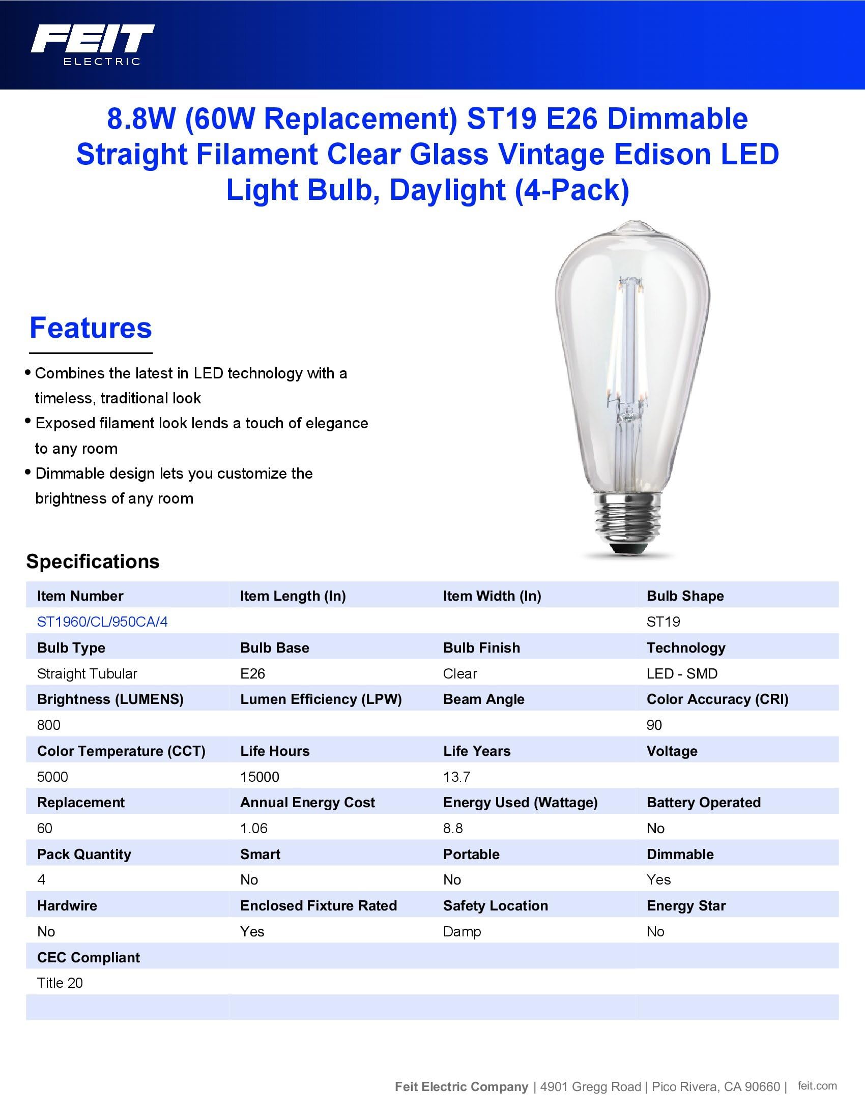 Feit Electric ST19 Vintage Edison LED Light Bulb, 60W Equivalent
