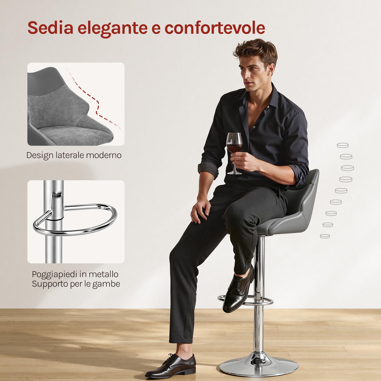 WOLTU 4X Sgabelli da Bar, Sgabelli Alti con Schienale e Poggiapiedi, Grigio