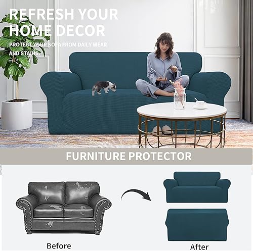 Vista 295 de Easy-Going - Funda elástica para sofá biplaza, 1 pieza, suave, con parte inferior elástica, protector para niños, tela jacquard de elastano y Gris