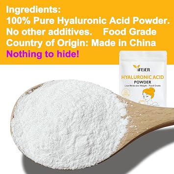 iFEiER Hyaluronic Acid Powder | Low Molecular Weight Food Grade Hyaluronic Acid | 50g(1.76oz) Sodium Hyaluronate Powder | HMW LMW HA | Skin Hydration and Joint Lubrication Supplements
