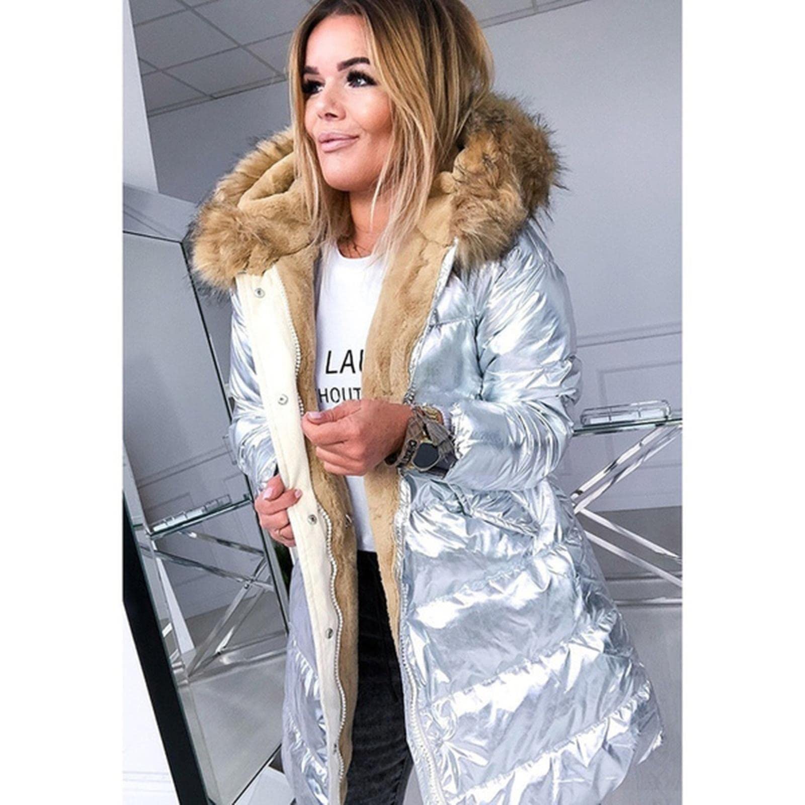 ZXCL Coat Women Faux Fur Hooded Warm Jacket Slim Fit Wadded Parka