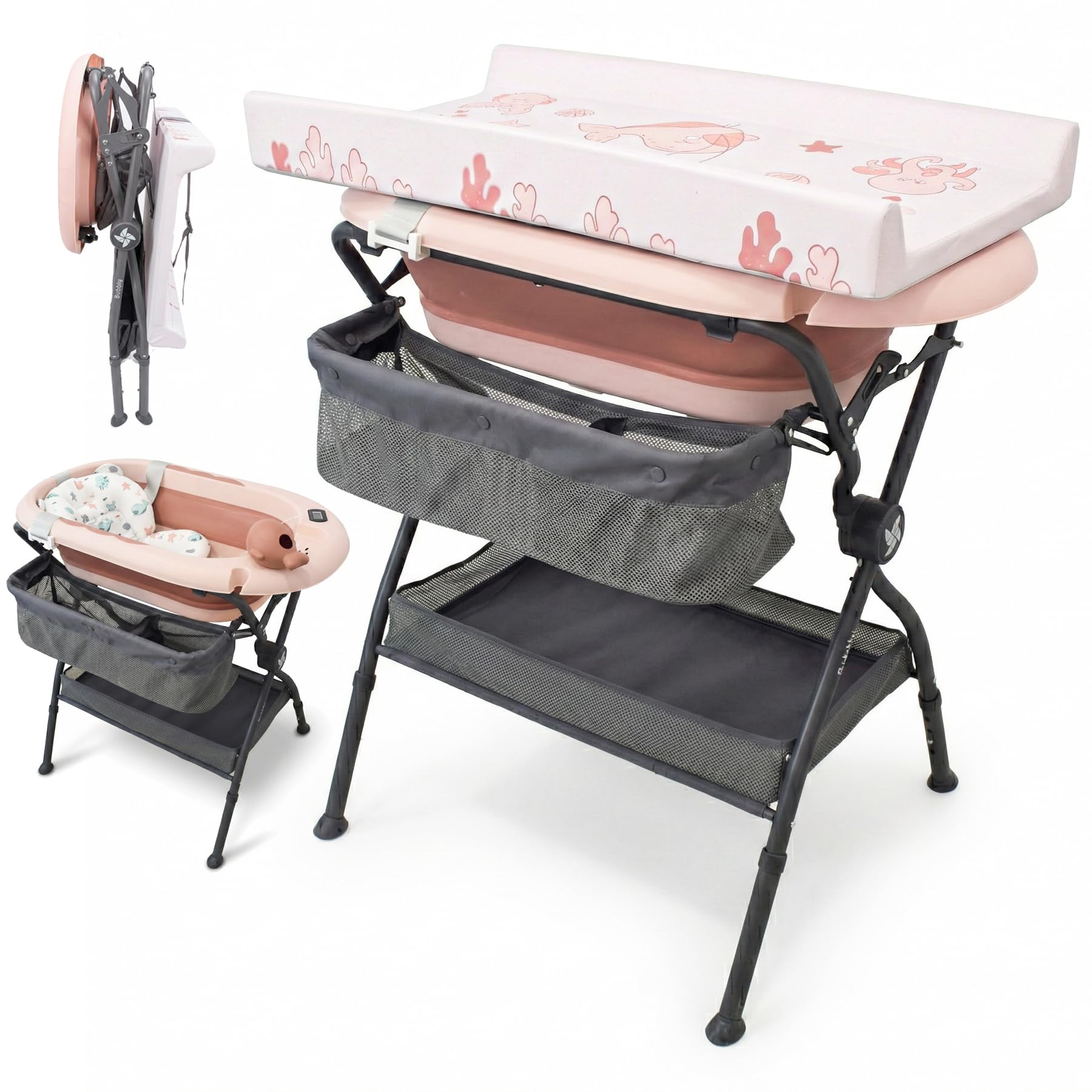 Twinly Bubbly – Faltbare 2-in-1-Baby-Badewanne – Ergonomisch verstellbare Höhe, abnehmbare Badewanne für Strand und Reisen, stabiler Stand mit Ablauf, ideal für kleine Badezimmer (Rosa)