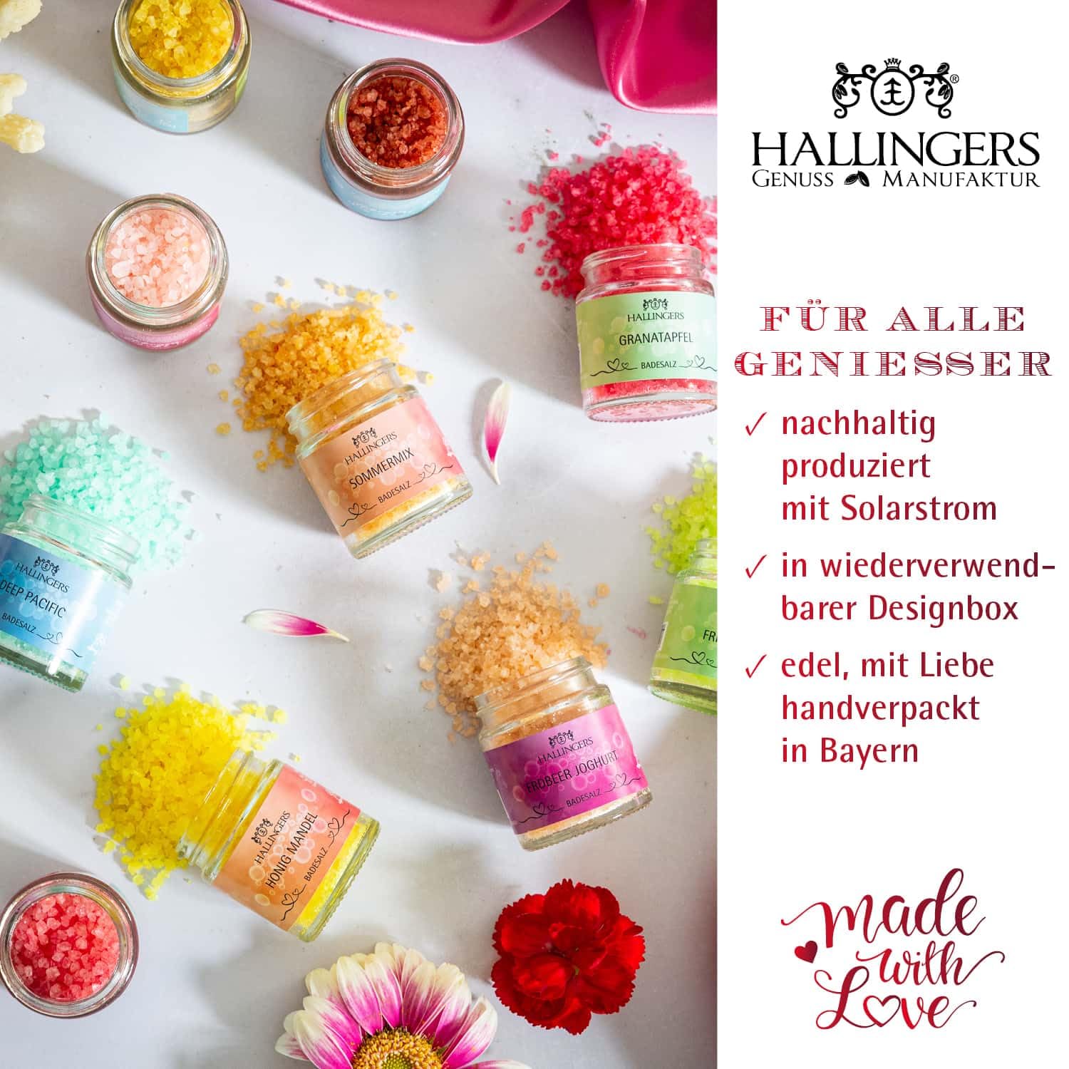 Hallingers Genuss Manufaktur Badesalze Muttertagsgeschenk-Set - 24x Badezusatz mit Totes Meer Badesalz Geschenkbox, Badekristalle Fußbad & Spa ""Für Mama"", Geschenkidee für Mama Oma