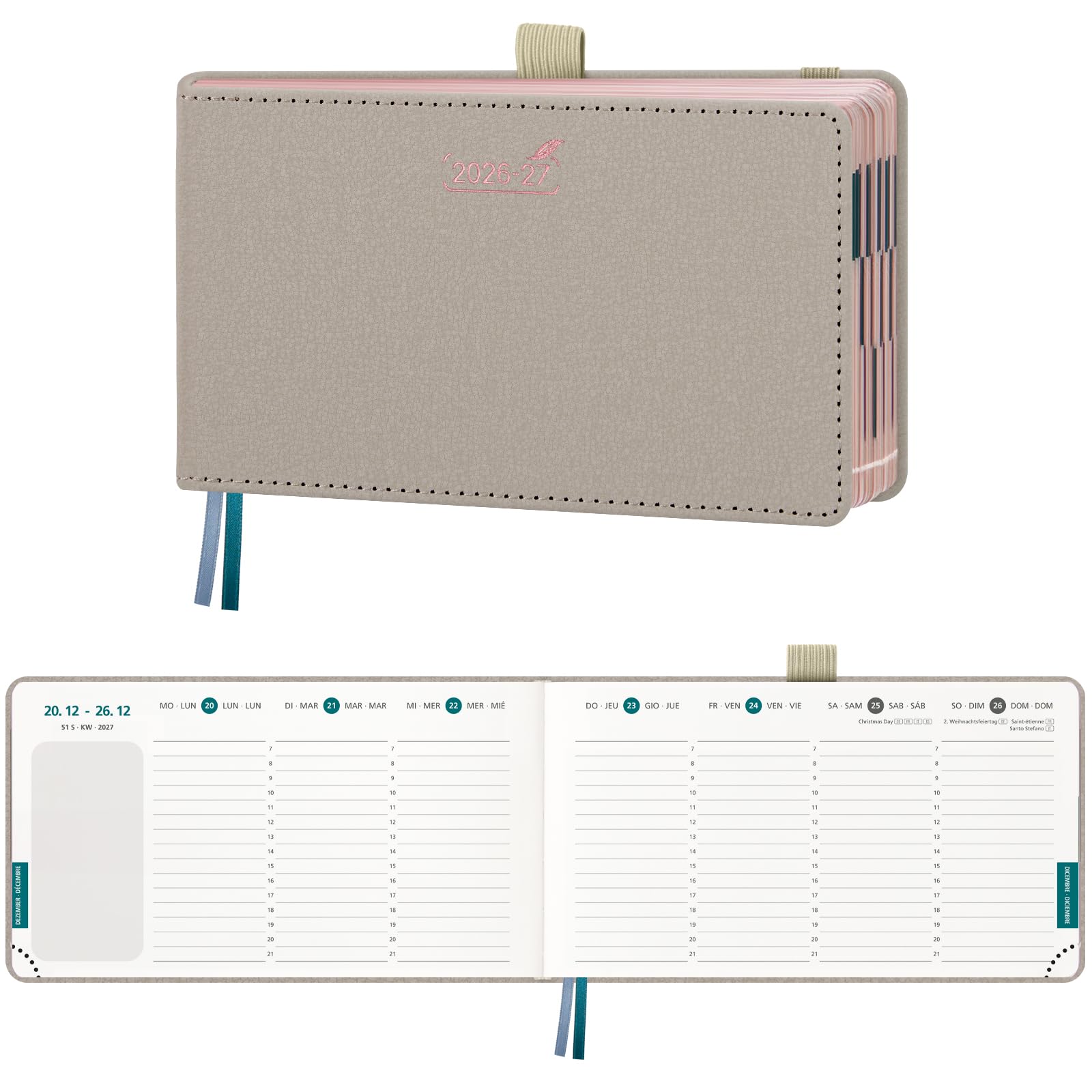 BEZEND Agenda Escolar 2026 2027 Semana Vista Pequeña, 18 Meses de Jul.26 a Dic.27, Agenda Semanal de Bolsillo 16,7 x 9,4 cm, Formato Horizontal, Borde de Oro Rosa, Tapa Dura Cuero PU, Beige
