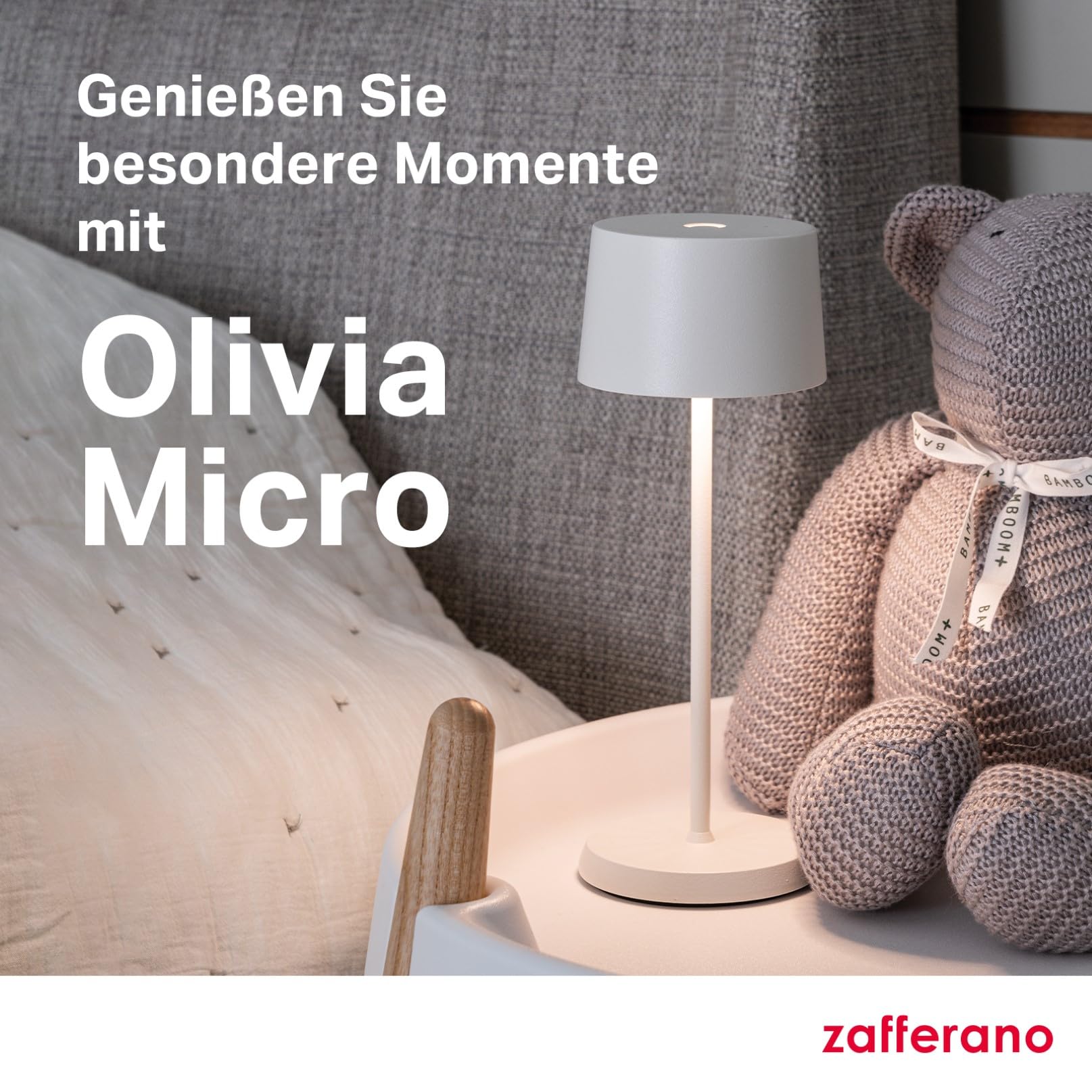 Zafferano, Olivia Micro Lampe, Kabellose, Wiederaufladbare Tischlampe mit Touch Control, Auch für den Außenbereich Geeignet, Dimmer, 2200-3000 K, Höhe 20 cm, Farbe Weiß