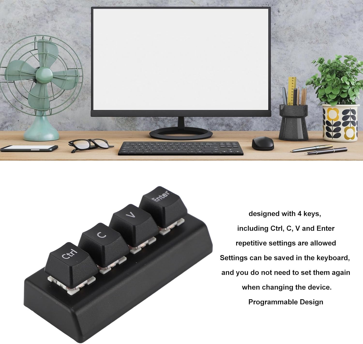 VBESTLIFE Mini 4 Keys Macro Keypad with text describing programmable features