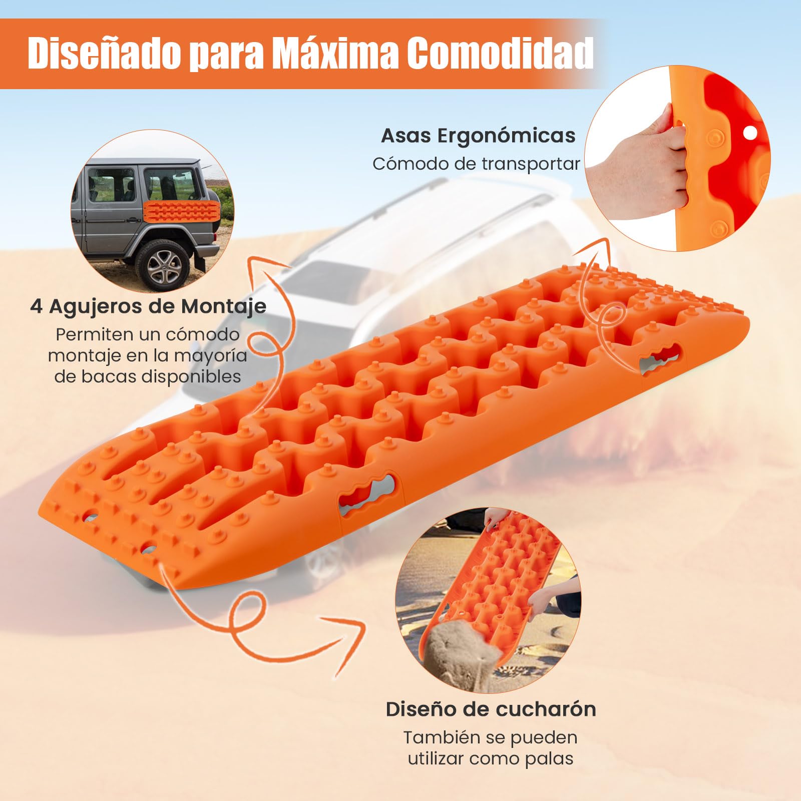 COSTWAY Tablas de Tracción Todoterreno, Alfombrillas de Tracción de 2 Piezas para Nieve, Extracción y Recuperación de Vehículos, para Llantas y Alfombrilla de Tracción (Naranja, 107 x 31 x 7 cm)