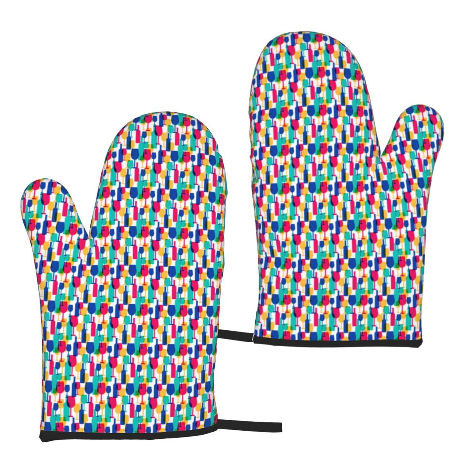 Cocktail Glasses And Wine Bottles Print Universal Fit Comfort Gloves Protection Heat Resistant Oven Kitchen Baking Grilling