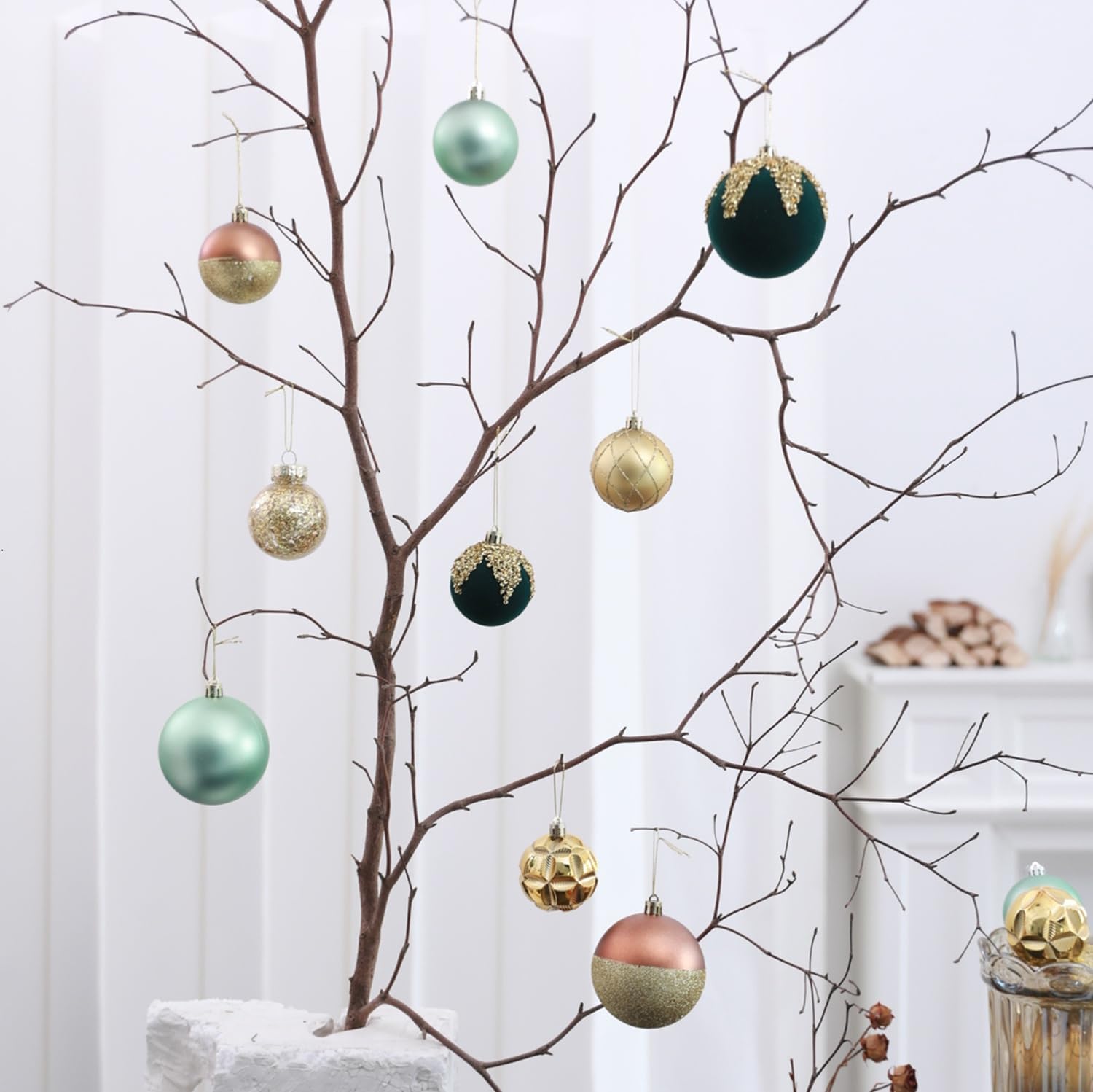 Christmas Tree Ornaments Decorations Set-12ct 2.36 Inch Green Gold Velvet Ornaments for Christmas Tree Shatterproof Hanging Ball Ornament Bulk,Xmas Tree Tabletop Decorations for Holiday Decor - Image 4