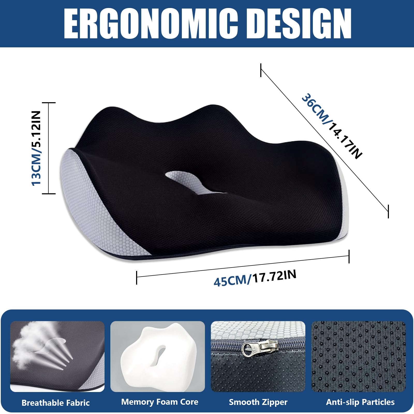 Cojín ortopédico para asiento de coche, coxis, alivio del dolor de ciática, hemorroides, cojín ergonómico de espuma viscoelástica para silla de oficina, silla de ruedas, juegos, color negro