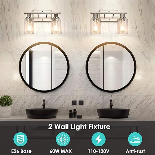 Miniatura 3 de ShineTech Lámparas de baño de 2 luces, modernas luces de tocador con pantalla de vidrio transparente, luz de tocador de baño de níquel cepillado