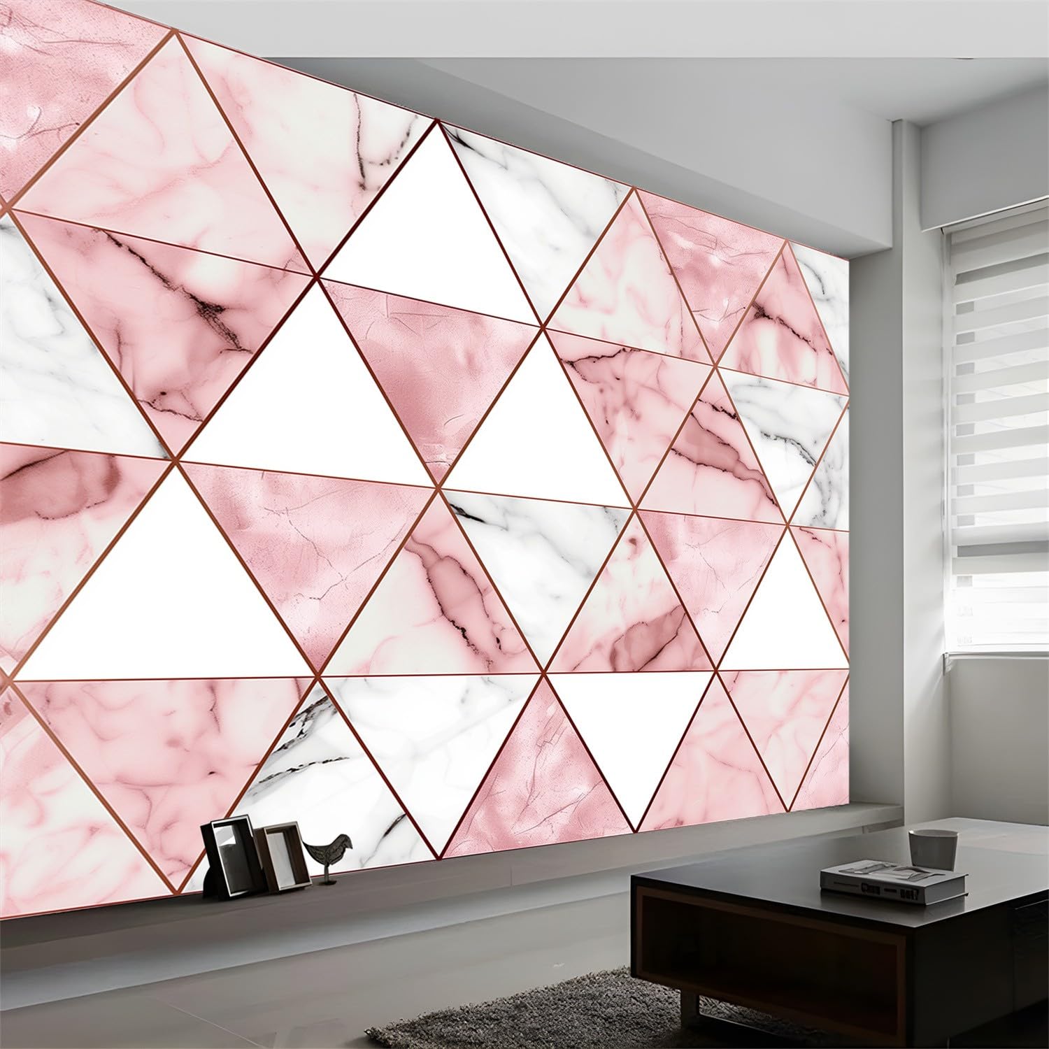 Tapeta z włókniny, geometryczny trójkąt, wzór marmuru, 300 x 210 cm, różowa, wodoodporna tapeta, tapeta do salonu, pokoju dziecięcego, sypialni