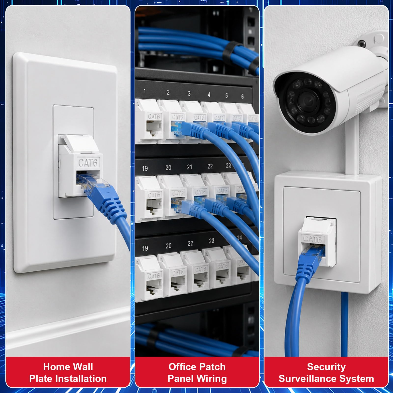 Tellegloww Confezione da 50 jack Keystone Rj45 Cat6 da 180 gradi, inserti per piastra di rete per modulo di rete, connettori Ethernet o pannello patch senza attrezzi 110