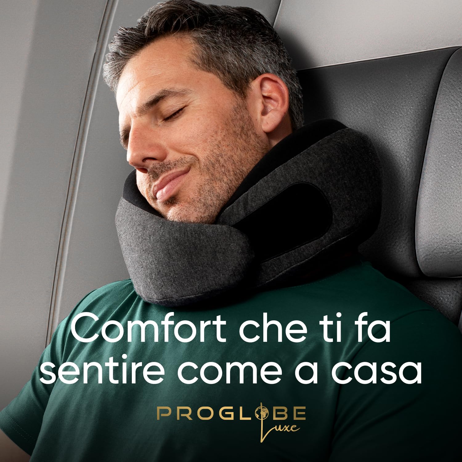 Proglobe Luxe Cuscino Cervicale da Viaggio 360°, Nero Cenere | Memory foam con fodera lavabile in cotone biologico e borsa da trasporto compatta.