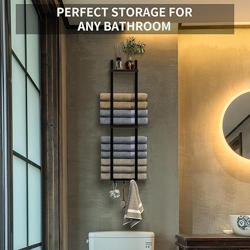 Miniatura 5 de Toallero de baño, toallero para baño montado en la pared con estantes de madera y 3 ganchos, almacenamiento de toallas para baño pequeño, toallero