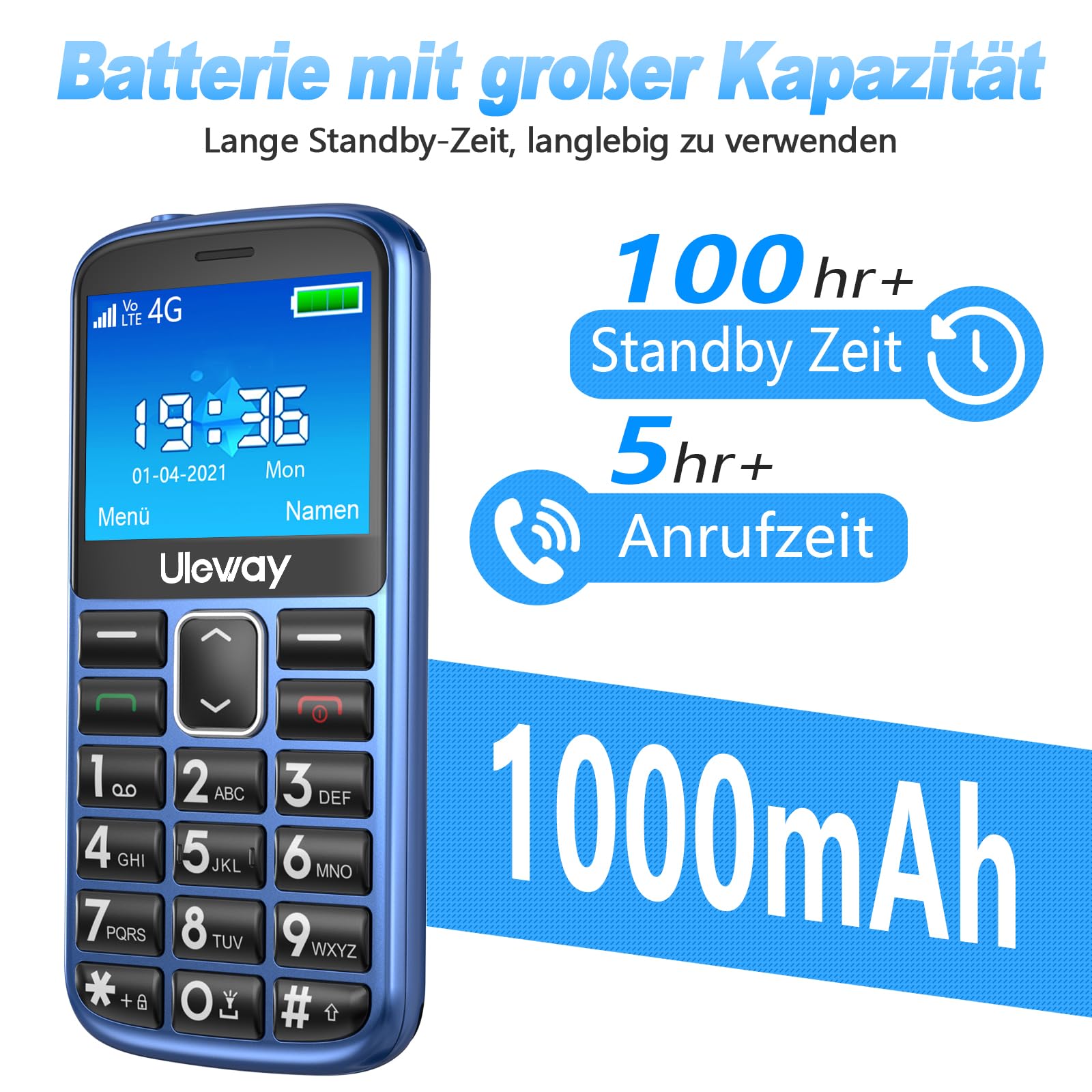 Telefon komórkowy 4G dla seniorów bez umowy, telefon komórkowy z dużymi przyciskami, bez simlocka, telefon komórkowy dla seniorów ze stacją ładującą, przycisk alarmowy 1000 mAh, wyświetlacz 2,4