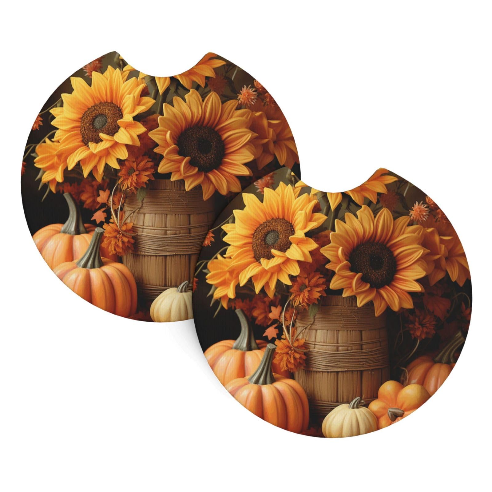 2 Pack Car Coaster for Cup Holders Pumpkin and Sunflower Car Cup Coaster 2.7" Neoprene Non-Slip Automotive Cup Mat Universal Auto Car Interior Accessories for Women Men Cup Pad